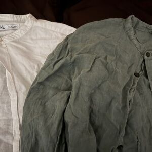 olive green and white buttoned shirt